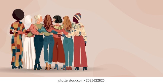 Back view of a group of multicultural women embracing each other. Diversity - inclusion - equality - girl power or empowerment concept. International Women s Day. Banner copy space