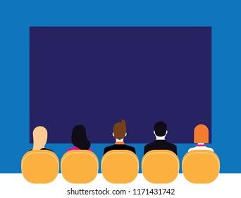 Back View Of The Group Of The People Sitting In  The Conference Hall In Front Of The Screen. Vector