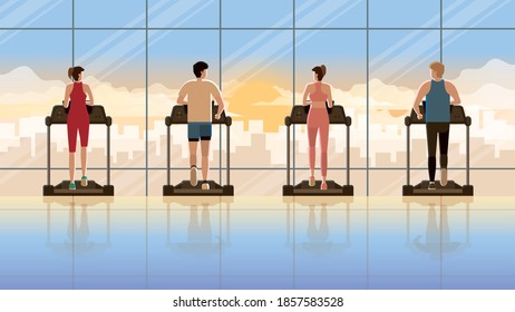 Back view group of person running on treadmill in fitness center at early morning sunrise orange light. Everyday daily routine of active healthy people city lifestyle of diligent cardio exercise.