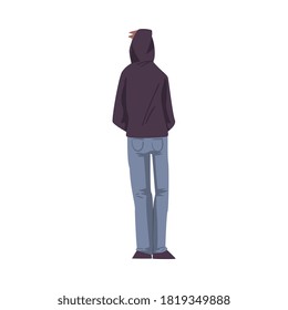 Back View of Guy in Hood, Teenage Boy Viewed from Behind Wearing Casual Clothes Standing with Hands in his Pockets Cartoon Style Vector Illustration