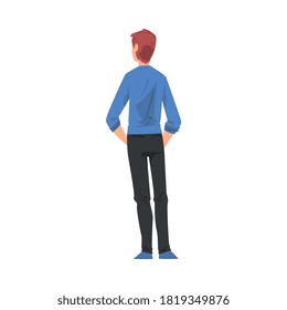 Back View of Guy Standing with Hands in his Pockets, Young Man Viewed from Behind Wearing Casual Clothes and Looking at Something Cartoon Style Vector Illustration