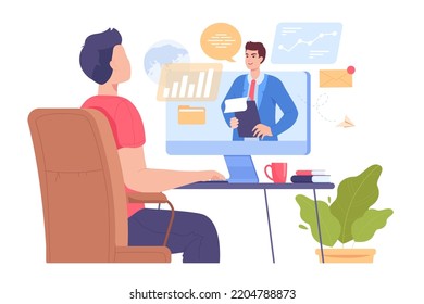 Back view of guy working or studying at computer. Businessman on screen, cartoon man working at office or home flat vector illustration. Online education, remote work, business concept for banner