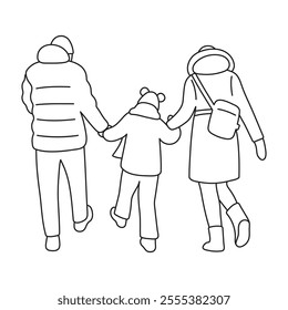 Back View Of Happy Couple with Child Walking Together Holding Hands Outdoors in Winter Time. Outline Black and White Picture With Editable Stroke Only No Filling. Coloring Page. Vector illustration