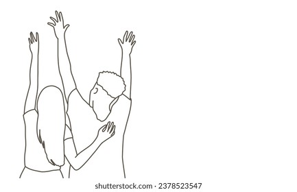 Back view of happy couple raising their hands up. Hand drawn vector illustration. Black and white.