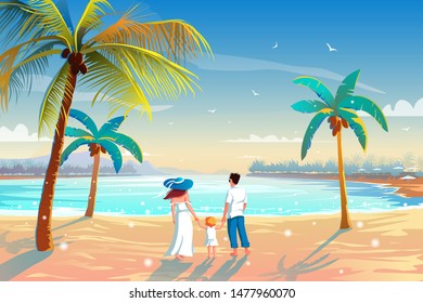 Back view of a happy family on tropical beach summer vacation Father, mother and child against blue sea