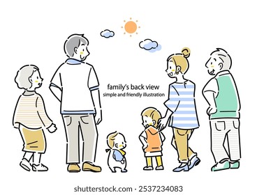 Back view of a happy three-generation family. Colorful and stylish line drawing illustration