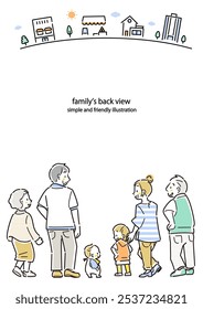 Back view of a happy three-generation family. Colorful and stylish line drawing illustration