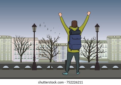 Back view of Happy young man on evening walk in the old European city. A tourist with their hands up, a gesture of success to goals. Vector Illustration.