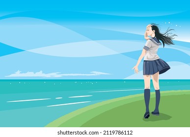 Back view of a high school girl in a sailor suit on the beach