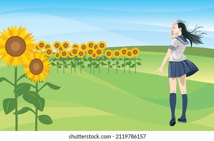 Back view of a high school girl in a sailor suit in a sunflower field