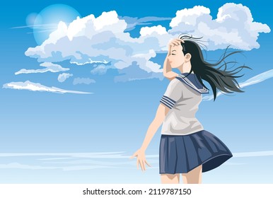 Back view of a high school girl in a sailor suit stroking her hair under the blue sky