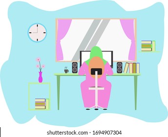 Vista posterior de mujeres hijab а freelancers trabajando en PC en casa. Trabajo en casa, ilustración conceptual.Ilustración de estilo plano vectorial.