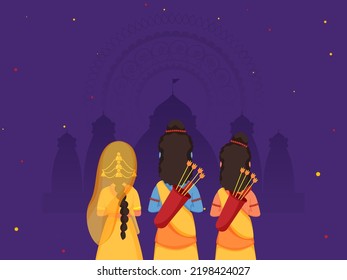 Rückansicht der Hindumythologie Lord Rama mit seiner Frau, kleiner Bruder Lakshman auf violettem Silhouette Ayodhya Blick Hintergrund.