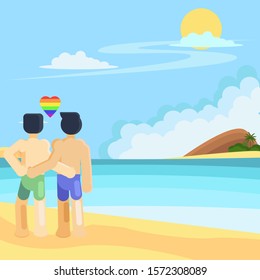  Back view homosexual  couple standing hug on beach  flat design vector .illustration vector