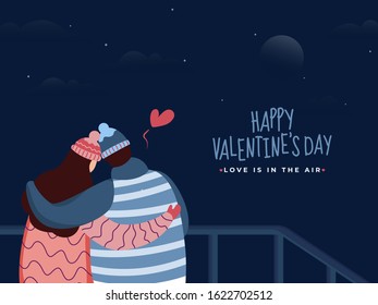 Back View of Hugging Couple Character Wearing Woolen Clothes on Blue Night Scene Background for Happy Valentine's Day Celebration.