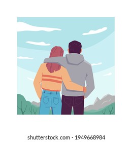 Back view of hugging couple on sky landscape background, travel people looking at clouds. Vector man and woman in love on nature, dreaming and resting together. Tourists adventure, inspiration