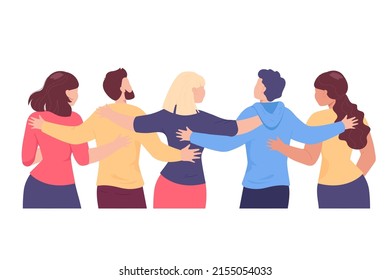 Back view of hugging friends flat vector illustration. Team spending time together, talking, chatting, enjoying life. Friendship, communication, community concept