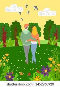 Back view of hugging people walking in forest with green trees and blooming flowers. Vector embracing man and woman spend time together, summer time