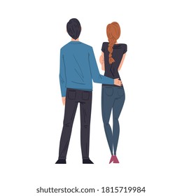 Back View of Hugging Young Man and Woman in Love, Loving Couple on Romantic Date Cartoon Style Vector Illustration