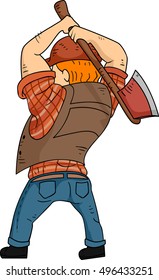 Back View Illustration of a Bearded Caucasian Lumberjack in a Cap and Plaid Shirt Preparing to Chop Wood