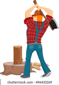 Back View Illustration of a Bearded Caucasian Lumberjack in a Cap and Plaid Shirt Chopping a Piece of Log