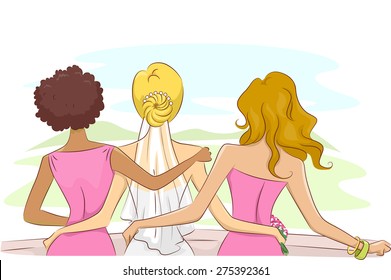 Back View Illustration Of A Bride And Her Bridesmaids