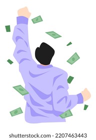 back view illustration of businessman celebrating success. money rain, satisfied expression, happy. white background. suitable for themes of business, finance, work, success, etc. flat vector