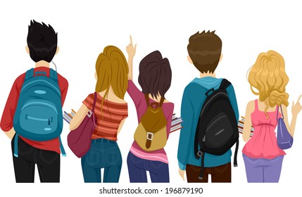 Back View Illustration of College Students on Their Way to School