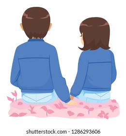 Back view illustration of couple together sitting on floor