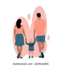 Ilustración de una familia caminando juntos, madre joven y padre joven sosteniendo que son hijos. Parte de atrás de los padres con un niño tomándose de la mano y caminando juntos Estilo de diseño plano vector.