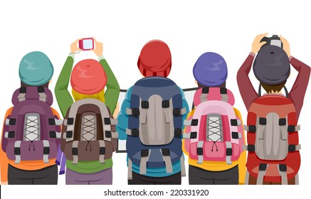 Back View Illustration Featuring a Group of Hikers Taking Photographs