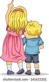 Back View Illustration of Girl and Boy Siblings Looking Up