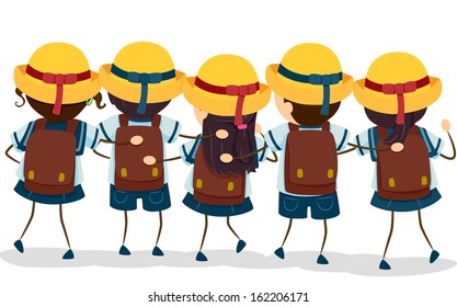 Back View Illustration of Japanese Grade Schoolers in Their Uniforms
