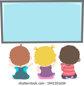 Back View Illustration of Kids Toddlers Sitting Down and Watching Blank Television