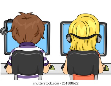Back View Illustration of Kids Using Computers