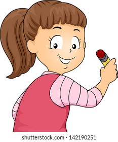 Back View Illustration of Little Kid Girl Holding a Pencil