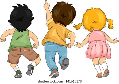 Back View Illustration of Little Male and Female Kids Looking Up and Pointing Upwards