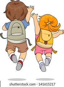 Back View Illustration of Little Male and Female Kids wearing Backpacks Jumping Merrily