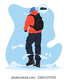 Back View Illustration Of Man In Full Suit Climbing A Snowy Mountain. Snow Mountain Icon. Climbing Concept, Hobby, Snow Season. Flat Vector Style