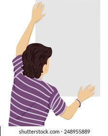 Back View Illustration of a Teenage Boy Putting Up a Blank Poster