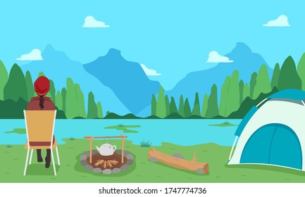 Back View Illustration of a Teenage Girl Sitting Down Camping Showing Lake and Mountain Landscape, Heating Pot