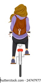 Back View Illustration of a Teenage Girl Riding on Her Bike