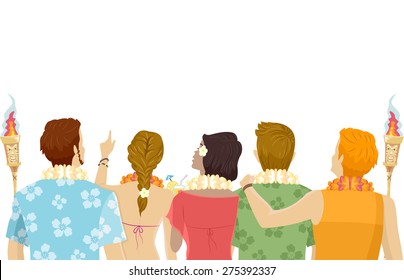 Back View Illustration of Teens Wearing Hawaiian-Themed Outfits