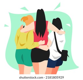 back view illustration of three girls hugging. isolated green background. suitable for the theme of best friends, teens, play. flat vector style
