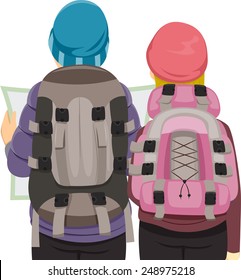 Back View Illustration of a Traveling Couple Wearing Similar Backpacks