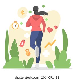 back view illustration of a woman jogging. isolated on a colored background with medal, energy, plant icons etc. concept of sport, running, exercise, health. flat vector illustrations.