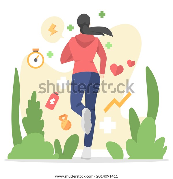 back view illustration of a woman jogging.\
isolated on a colored background with medal, energy, plant icons\
etc. concept of sport, running, exercise, health. flat vector\
illustrations.