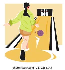 back view illustration of woman playing bowling. throw the ball. bowling alley background, bowling pins. concept and theme of sport, hobby, game, challenge, etc. flat vector