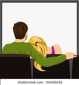 back view illustration of young couple on a movie date
