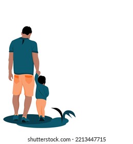 Back View Illustration of a young father holding his son are walking together. Backside of one Dad with one child holding hands and walking together Vector flat design style concept for Father’s Day.